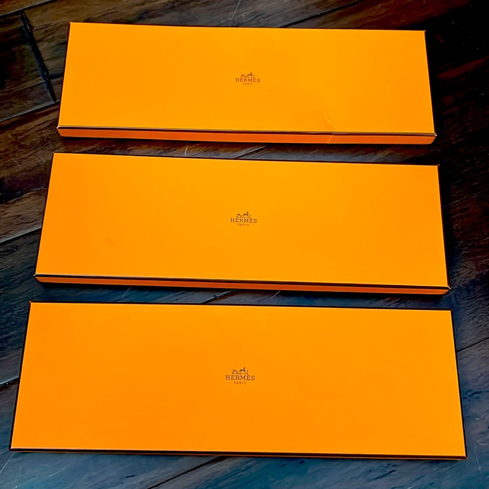 Hermes tie boxes (3 count) with ribbons and tissue paper. Boxes only.